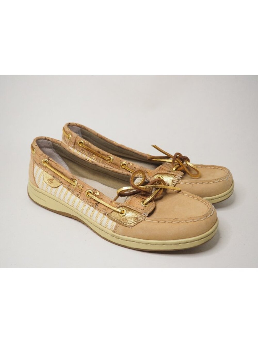 Sperry Tan Leather Metallic Gold & White Striped & Cork Boat Shoes, Size 8.5